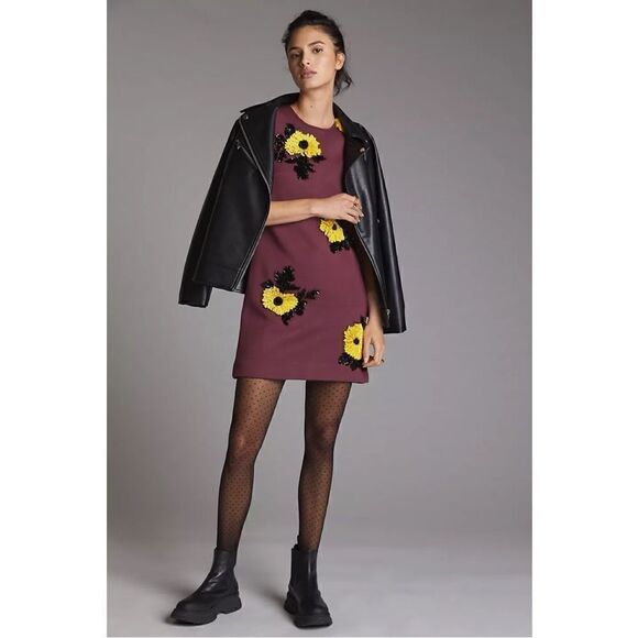 NEW Anthropologie Dhruv Kapoor Sunflower Floral Sequined Shift Mini Dress Medium - Picture 2 of 4